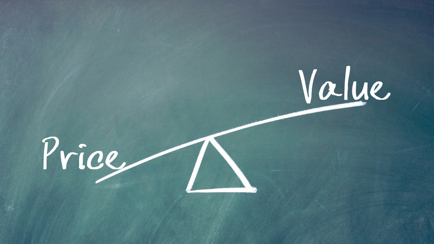 chalk board with price on the lower end of the seesaw and value at the higher end