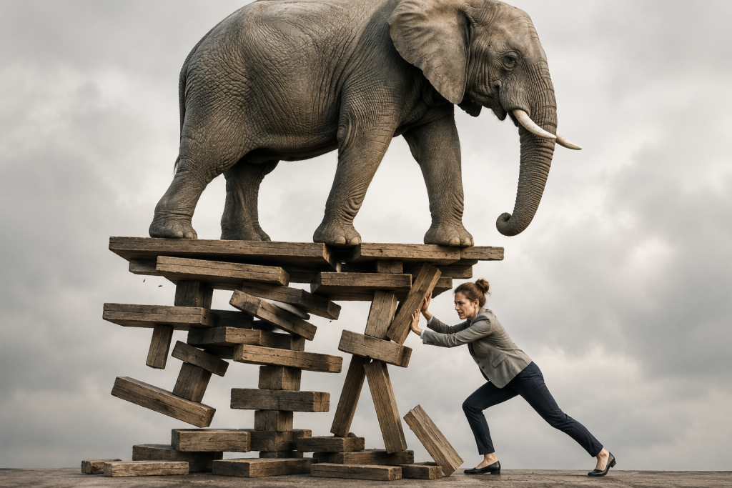 ai-generated image of a large grey elephant standing on a weak and breaking wooden foundation as a white woman is attempting to hold it up.
