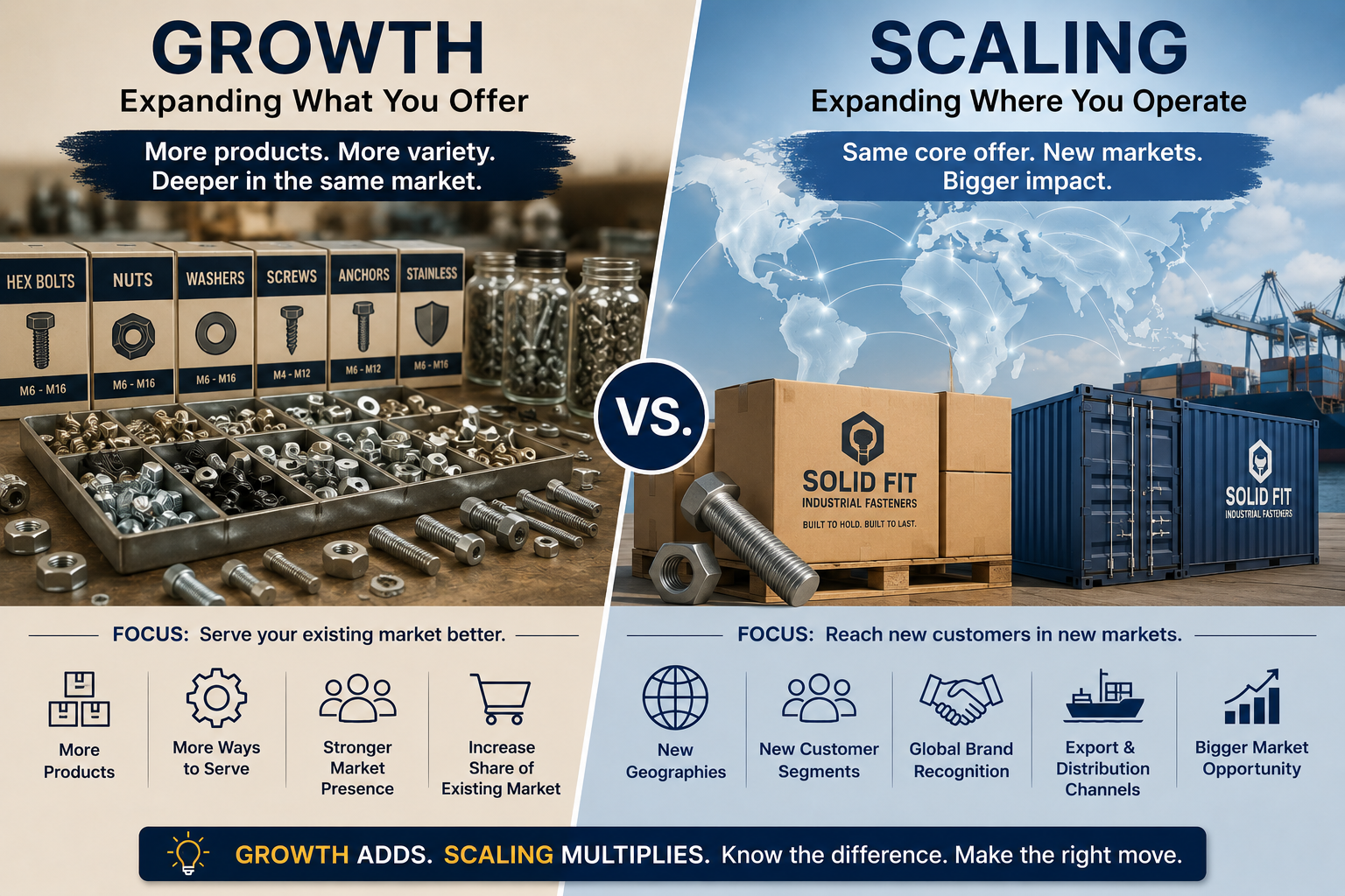 ai-generated image of a nuts and bolts manufacturing -growing vs scaling