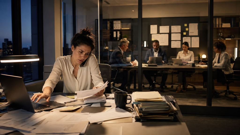 stressed out female entrepreneur vs calm working team