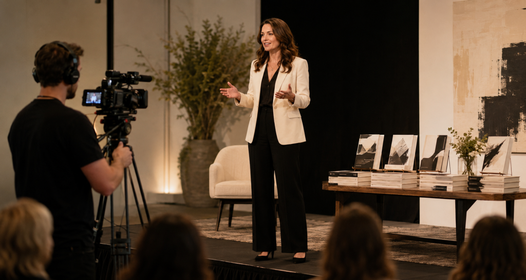Woman speaking with books at back